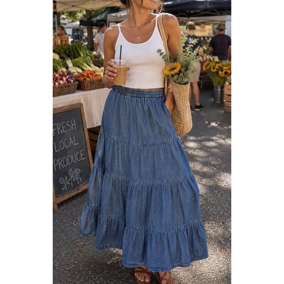 American Eagle Outfitters Dresses & Skirts - American Eagle Tiered Denim Maxi Skirt Blue Boho Prairie Size XL